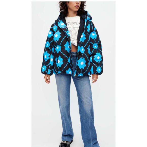 Maje Mod Flower Print Sporty Winter Jacket Black Blue